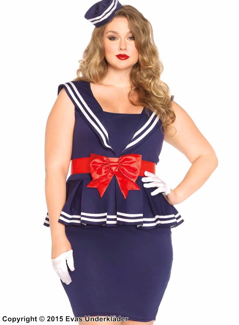 Kvinnelig sjømann, kostyme-kjole, stort bånd, folder, striper, XL til 4XL